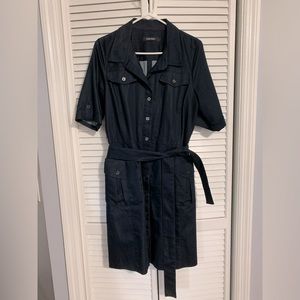 Dark blue dress with belt.